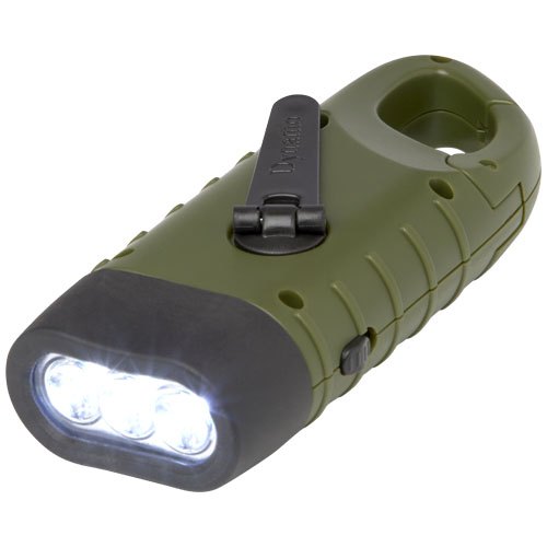 Helios zaklamp met zonnedynamo van gerecycled plastic met karabijnhaak