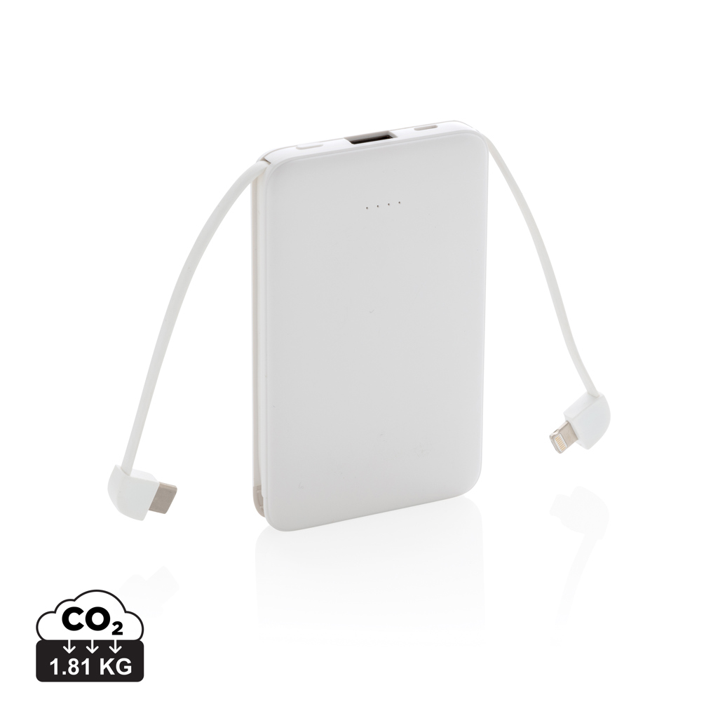 5.000 mAh zakformaat powerbank met geïntegreerde kabels