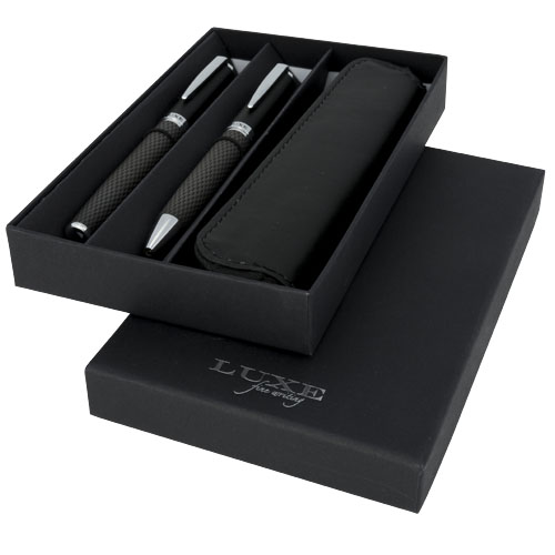 Koolstofvezel cadeauset met twee pennen en etui (zwarte inkt)