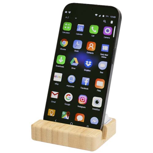 Algol telefoonstandaard en fidgetspeeltje van gerecycled plastic met bamboedetails